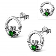 Green CZ Claddagh Stud Silver Earrings - e409